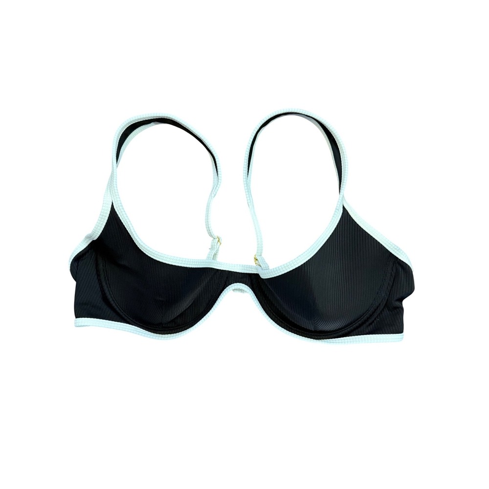 Rumored Black White Contrast Ribbed Underwire Bikini Top Large Scoop Neck Swim